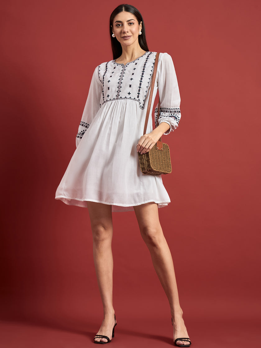 White Cotton Embroidered Puff Sleeves Floral Dress