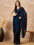 Blue Satin Solid With Stone Work Border Saree with Unstitched Blouse
