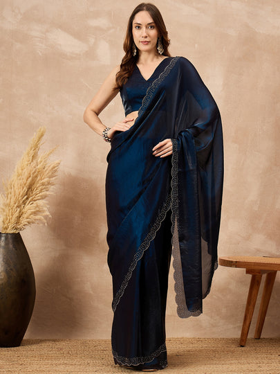 Blue Satin Solid With Stone Work Border Saree with Unstitched Blouse