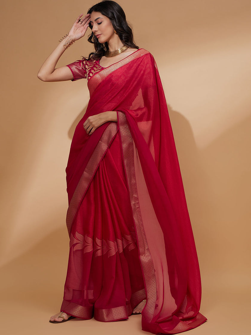 Pink Pure Chiffon Printed With Readymade Lace Saree with Unstitched Fancy Blouse