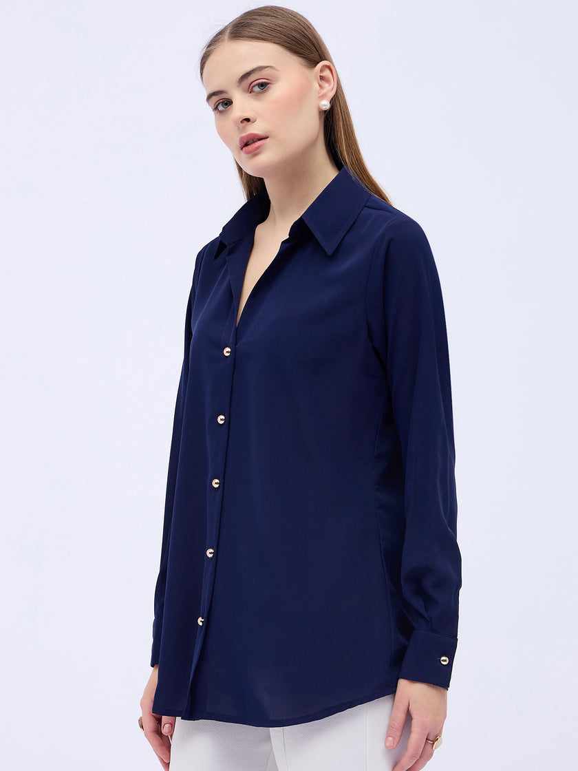 Blue Satin Solid NA Regular Sleeves New Basics  Tops