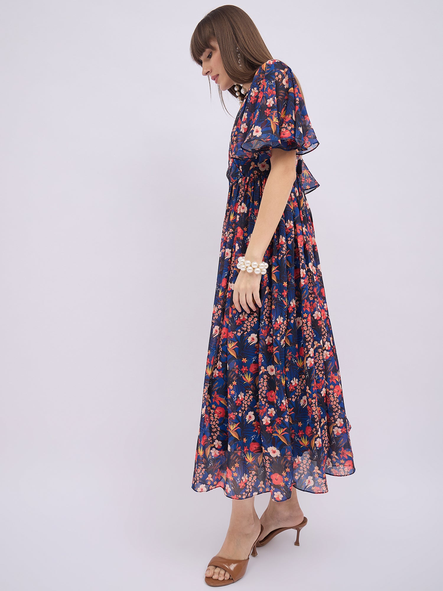 Blue Polyester Printed Flared Sleeves Floral Dress