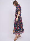 Blue Polyester Printed Flared Sleeves Floral Dress