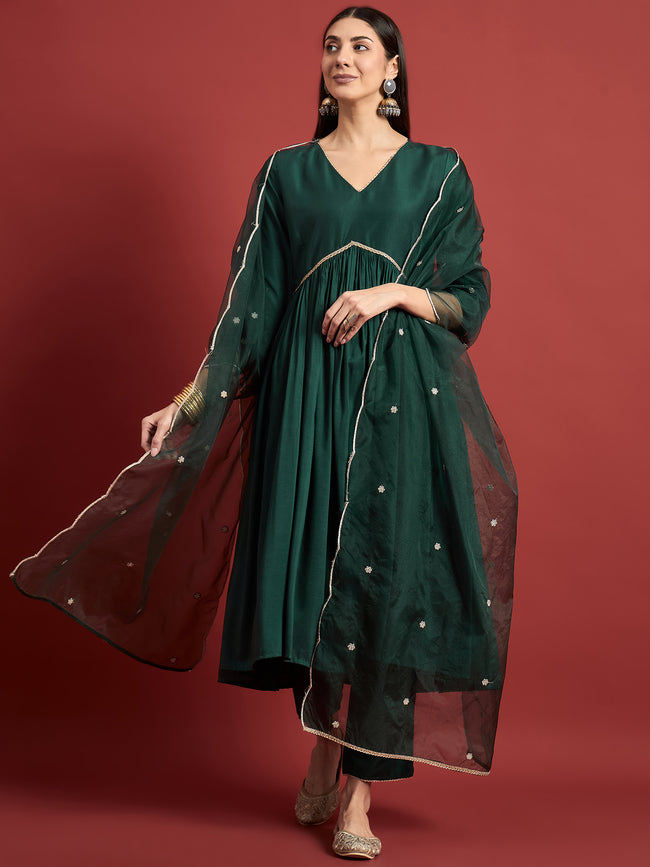 Green  Chinon Embroideried Anarkali Kurta  Trouser