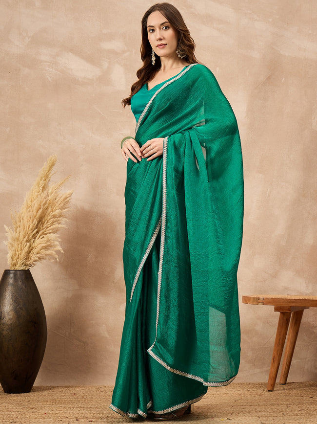 Rama Green Poly Chiffon Solid with Coding Border Saree with Unstitched Blouse