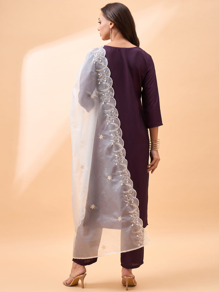 Wine  Silk Blend Embroideried A-Line Kurta  Trouser   With Dupatta