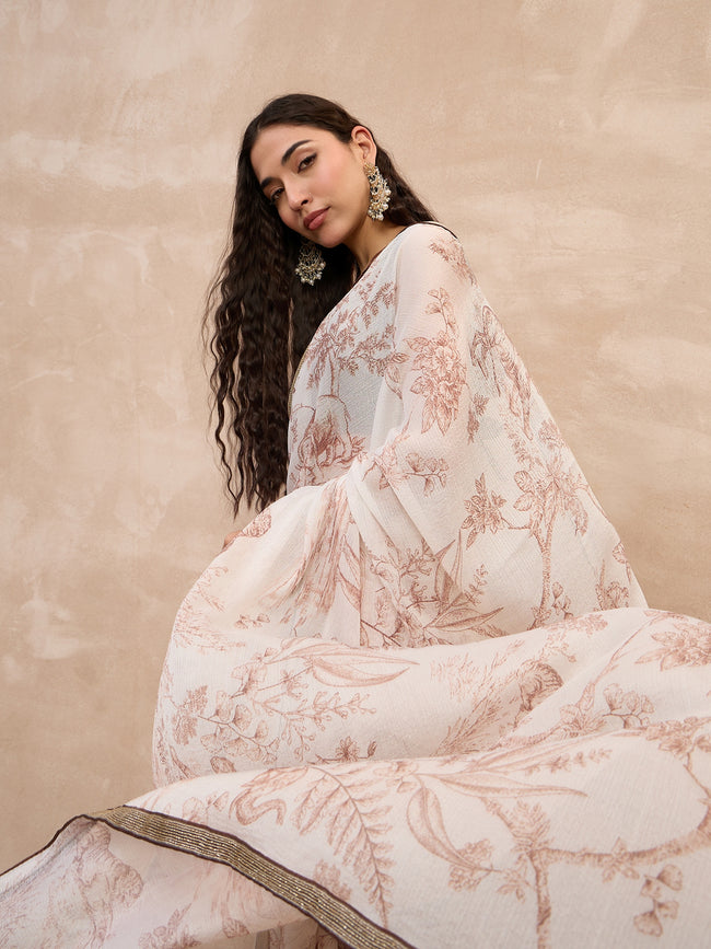 Off-White Pure Chiffon Digital Print With Embellished Lace Saree with Unstitched Blouse