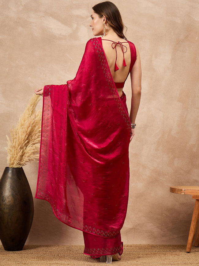 Red Satin Solid With Stone Work Border Saree with Unstitched Blouse