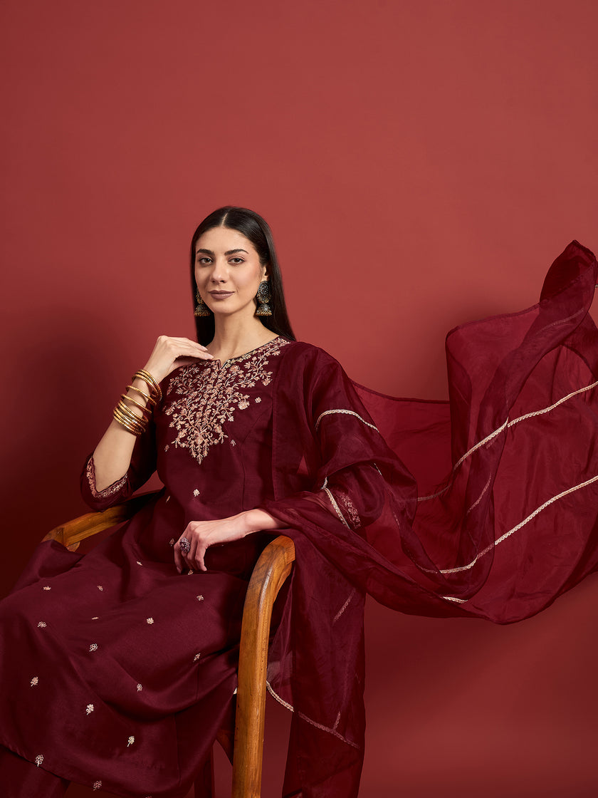Maroon  Silk Blend Embroideried A-Line Kurta  Trouser