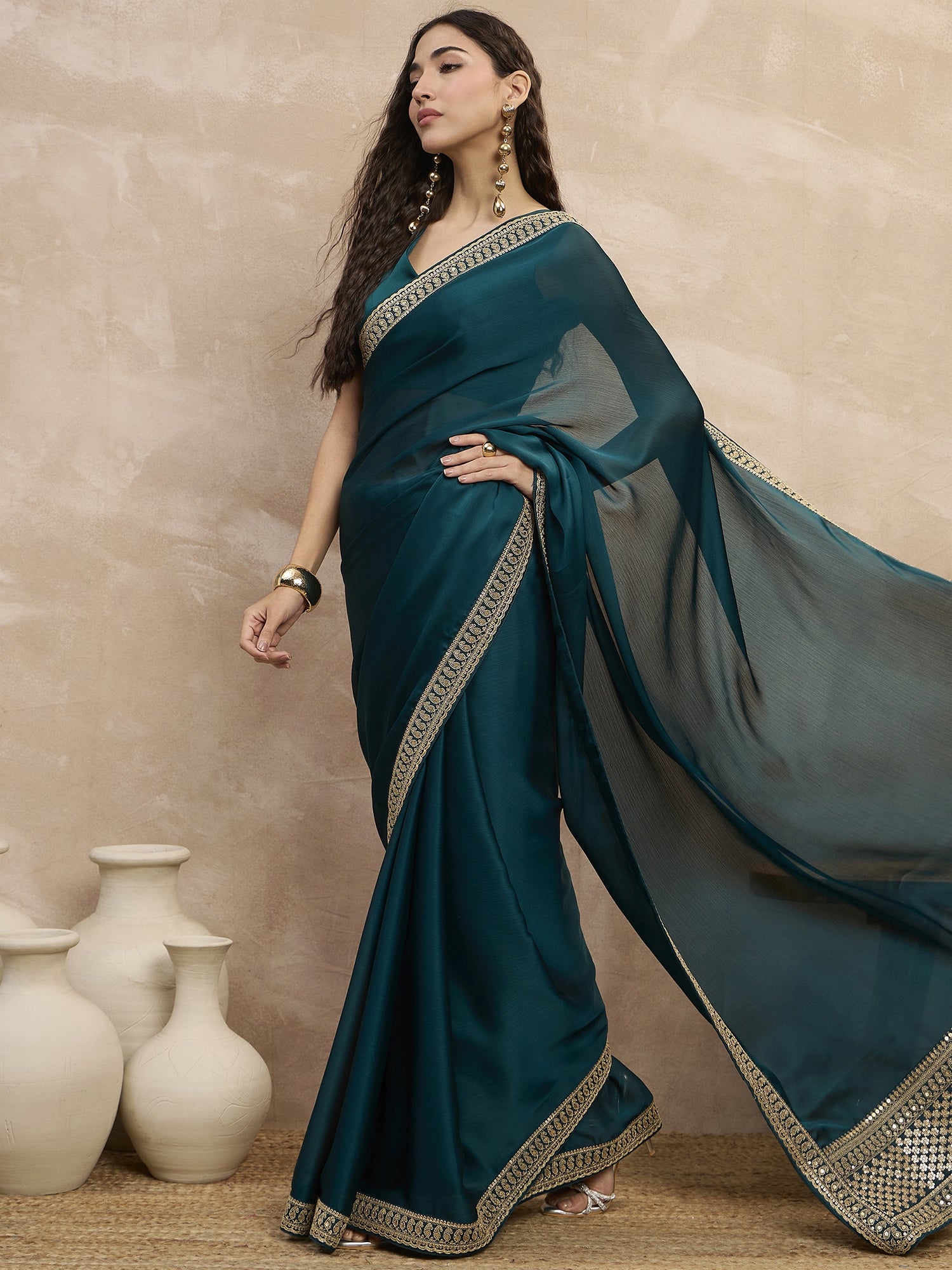 Rama Green Satin Solid With Embroidered Lace Saree with Unstitched Blouse