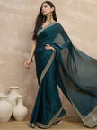 Rama Green Satin Solid With Embroidered Lace Saree with Unstitched Blouse