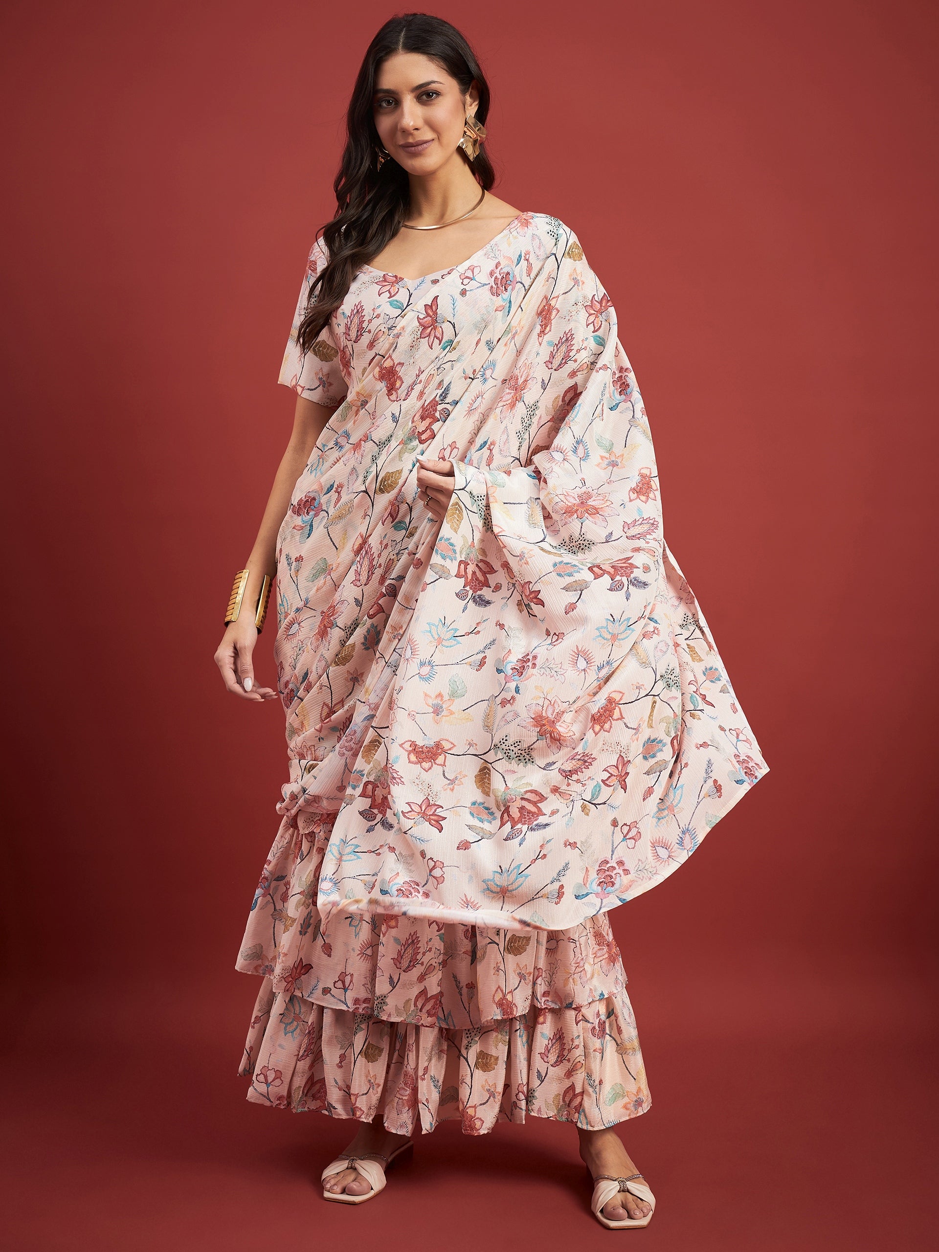 Off White Chinon Floral Print With Frills Ready to Wear Saree with Unstitched Fancy Blouse