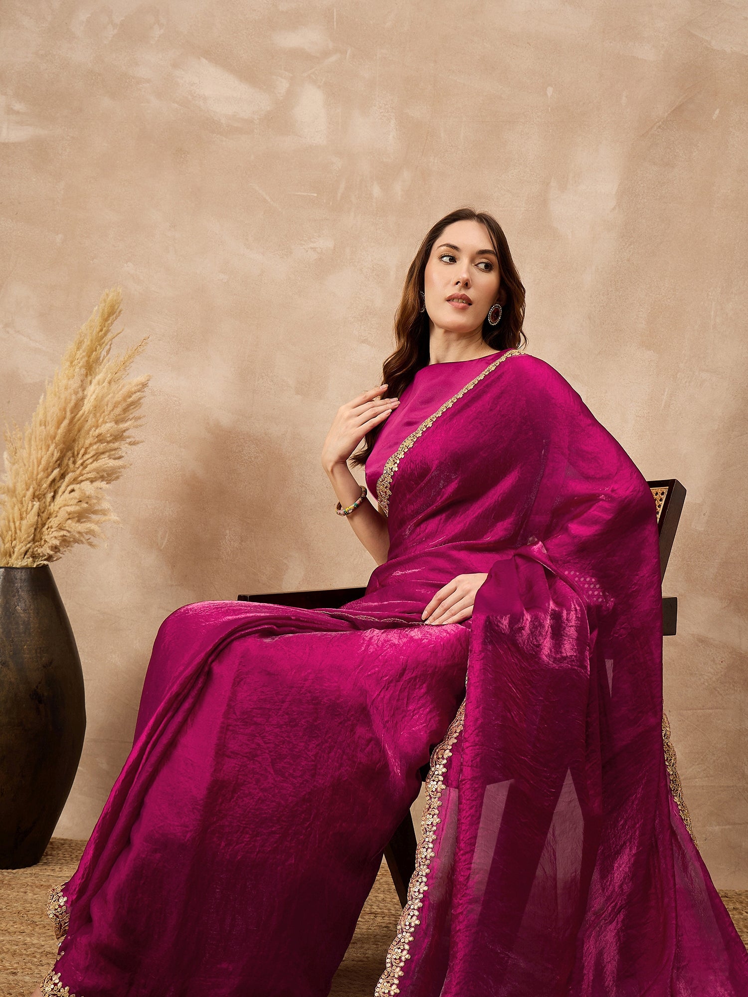 Magenta Organza Solid with Gota Lace Saree with Unstitched Blouse