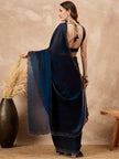 Blue Satin Solid With Stone Work Border Saree with Unstitched Blouse