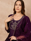 Purple  Silk Blend Embroideried A-Line Kurta Trouser
