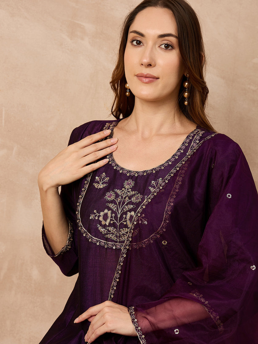 Purple  Silk Blend Embroideried A-Line Kurta Trouser