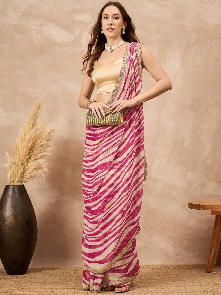 Multi Pure Chiffon Stripped with Gota Lace Saree with Unstitched Blouse