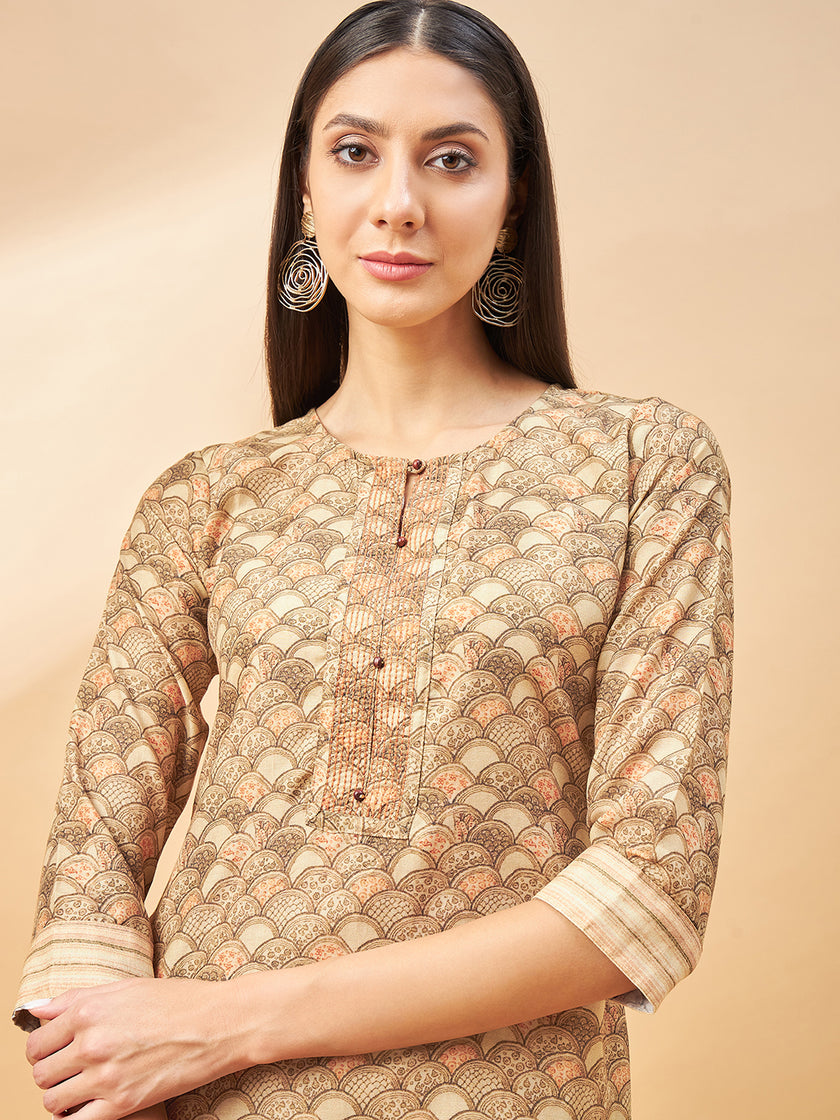 Beige Cotton Blend Printed Straight Kurta Trouser