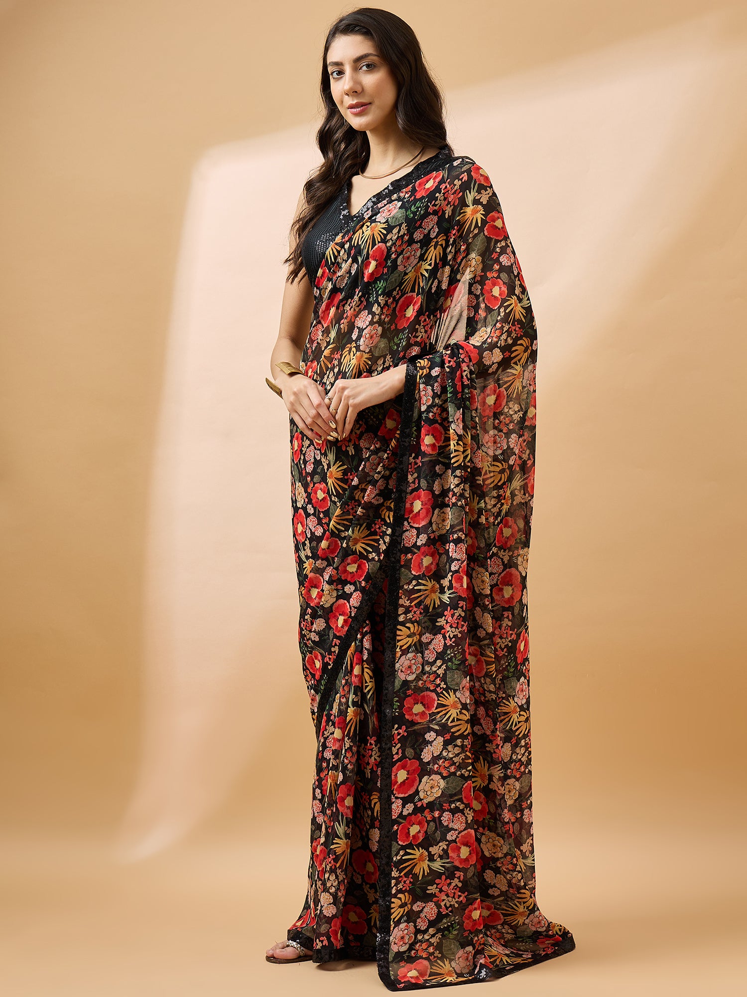 Black Georgette Floral Print with Embellished Lace Saree with Unstitched Fancy Blouse