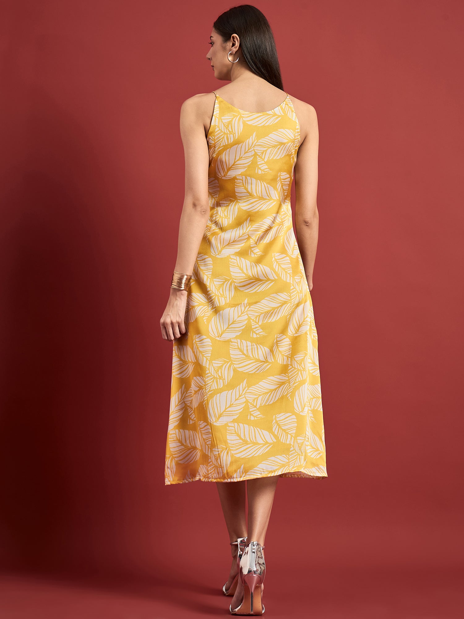 Mustard Polyester Printed No Sleeves Floral Dress
