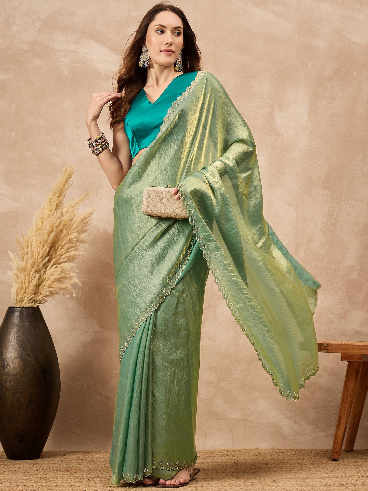 Pista Satin Solid With Stone Work Border Saree with Unstitched Blouse