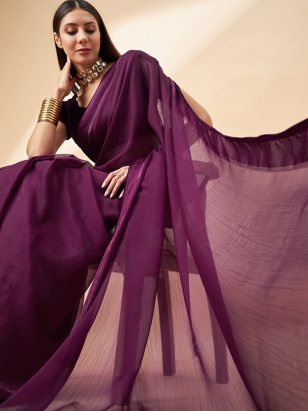 Wine Pure Chiffon Solid  Saree with Unstitched Fancy Blouse