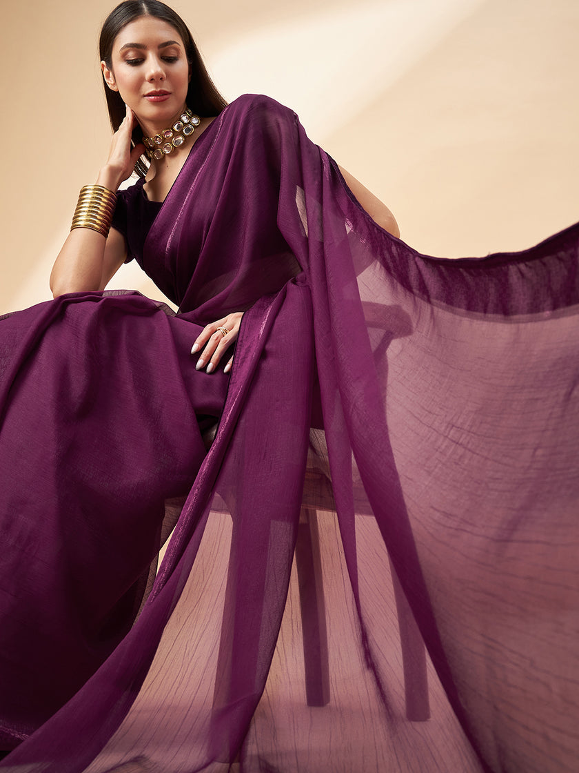 Wine Pure Chiffon Solid  Saree with Unstitched Fancy Blouse
