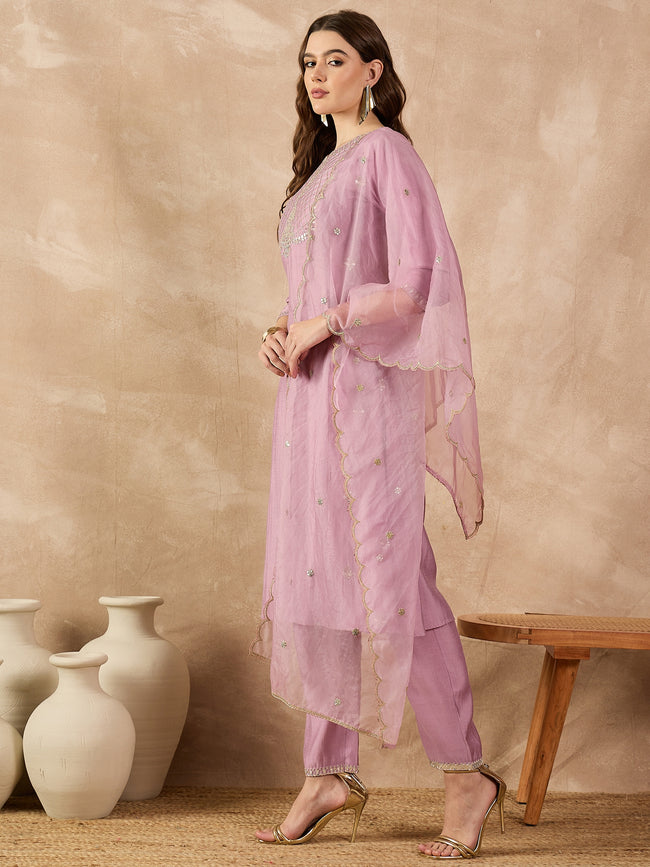 Mauve  Chanderi Silk Embroideried A-Line Kurta Trouser