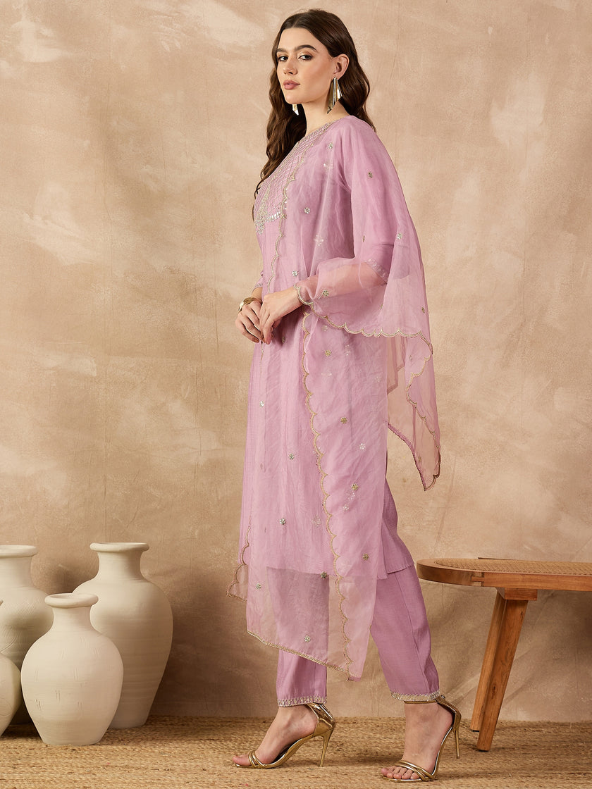 Mauve  Chanderi Silk Embroideried A-Line Kurta Trouser