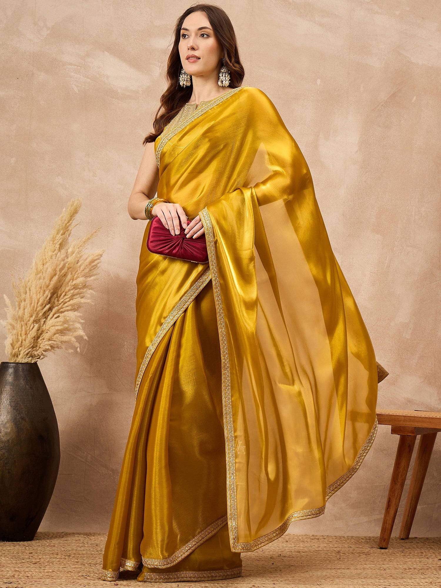 Mustard Satin Solid With Embroidered Border Saree with Unstitched Blouse
