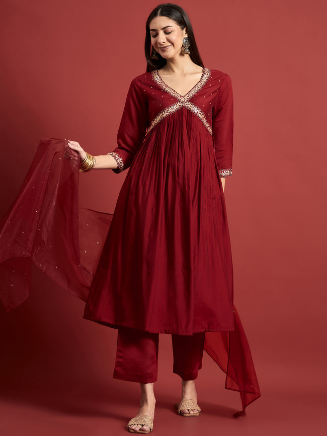 Red  Pure Silk Embroideried Anarkali Kurta  Trouser