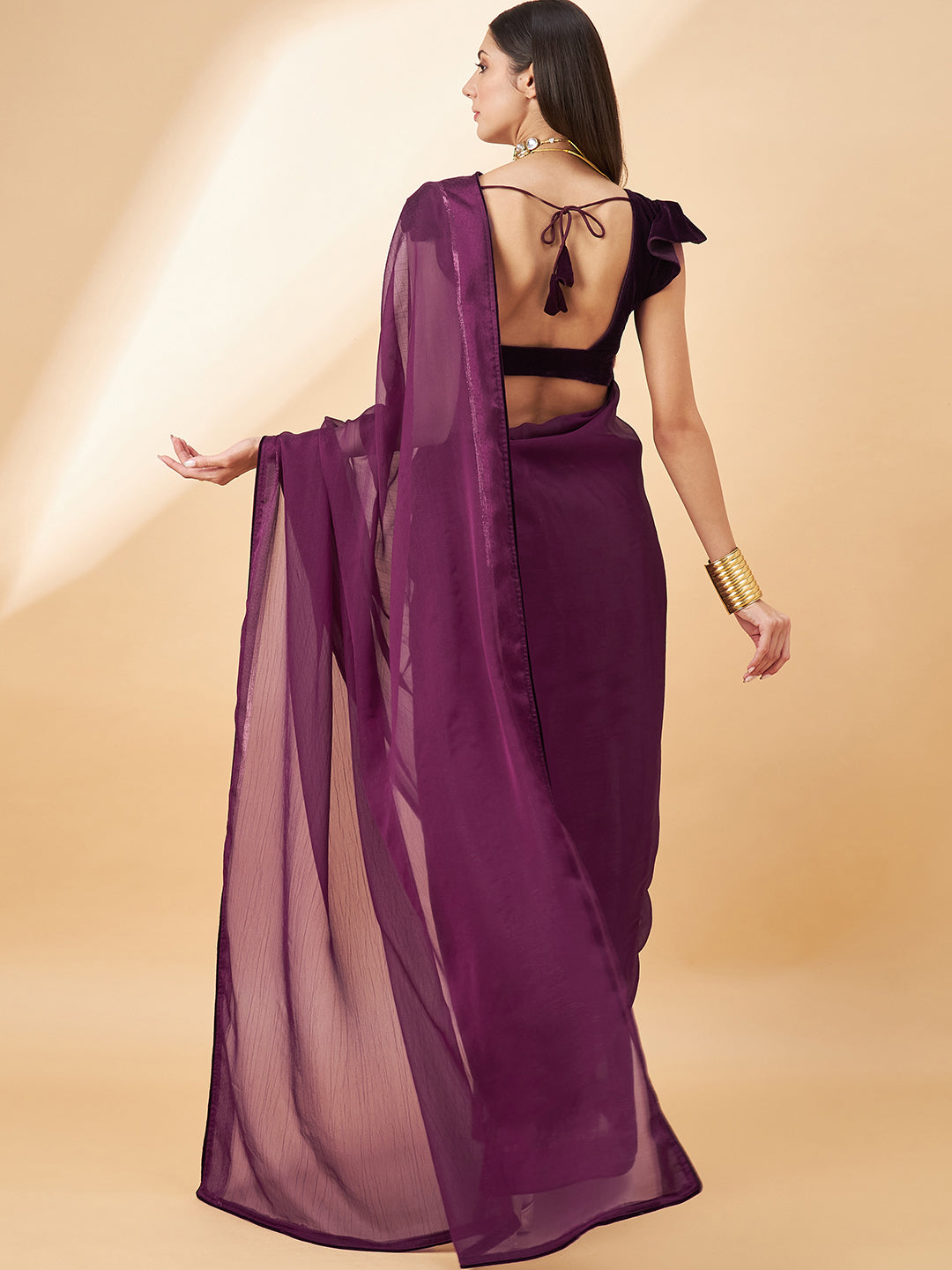 Wine Pure Chiffon Solid  Saree with Unstitched Fancy Blouse