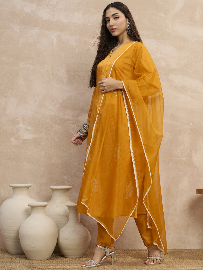 Yellow  Chanderi Silk Embroideried A-Line Kurta Trouser