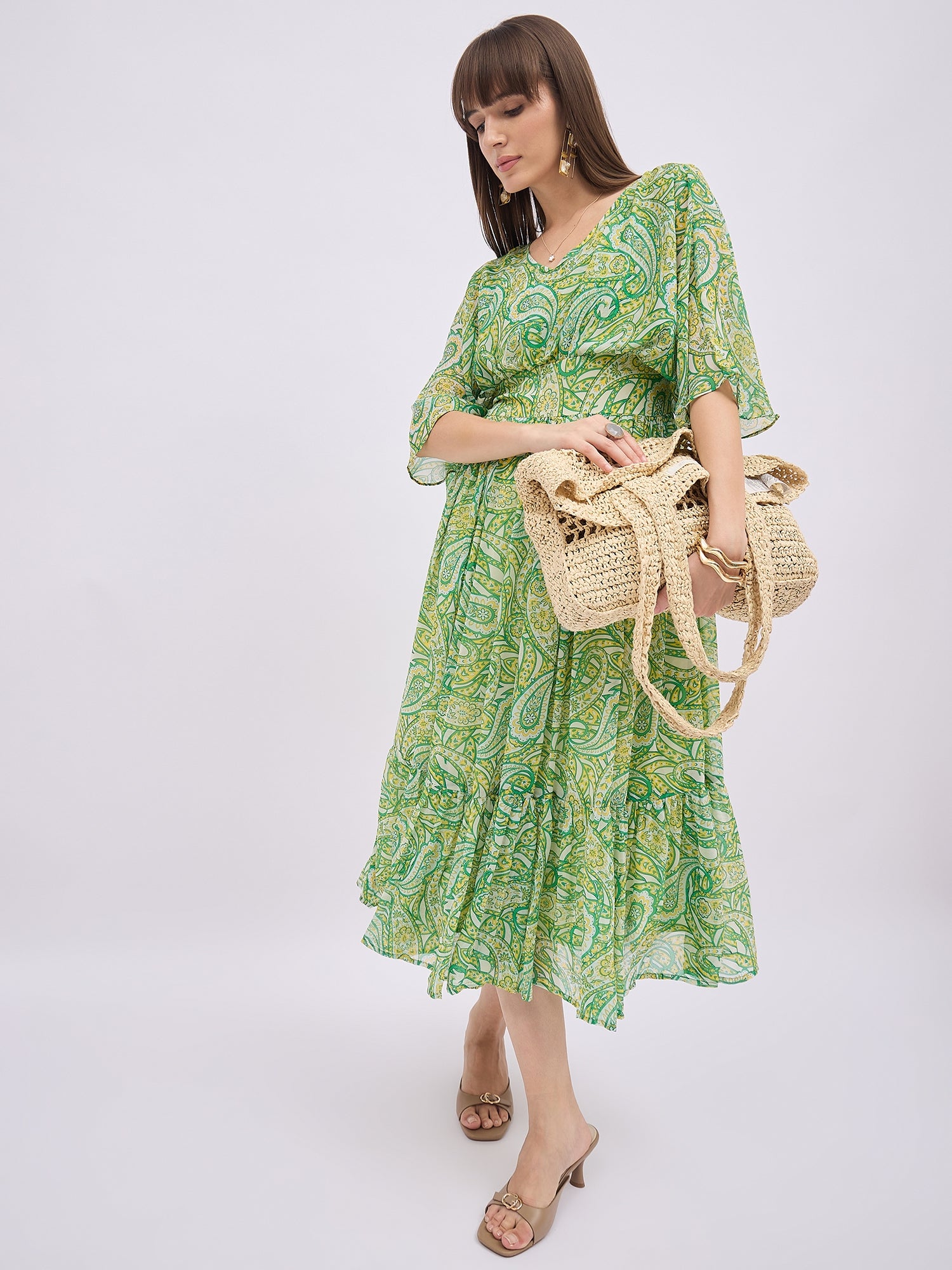 Multi Polyester Printed Butterfly Sleeves Paisley Dress