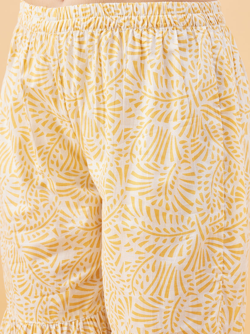 Mustard Pure Cotton Printed Peplum Kurta Palazzo