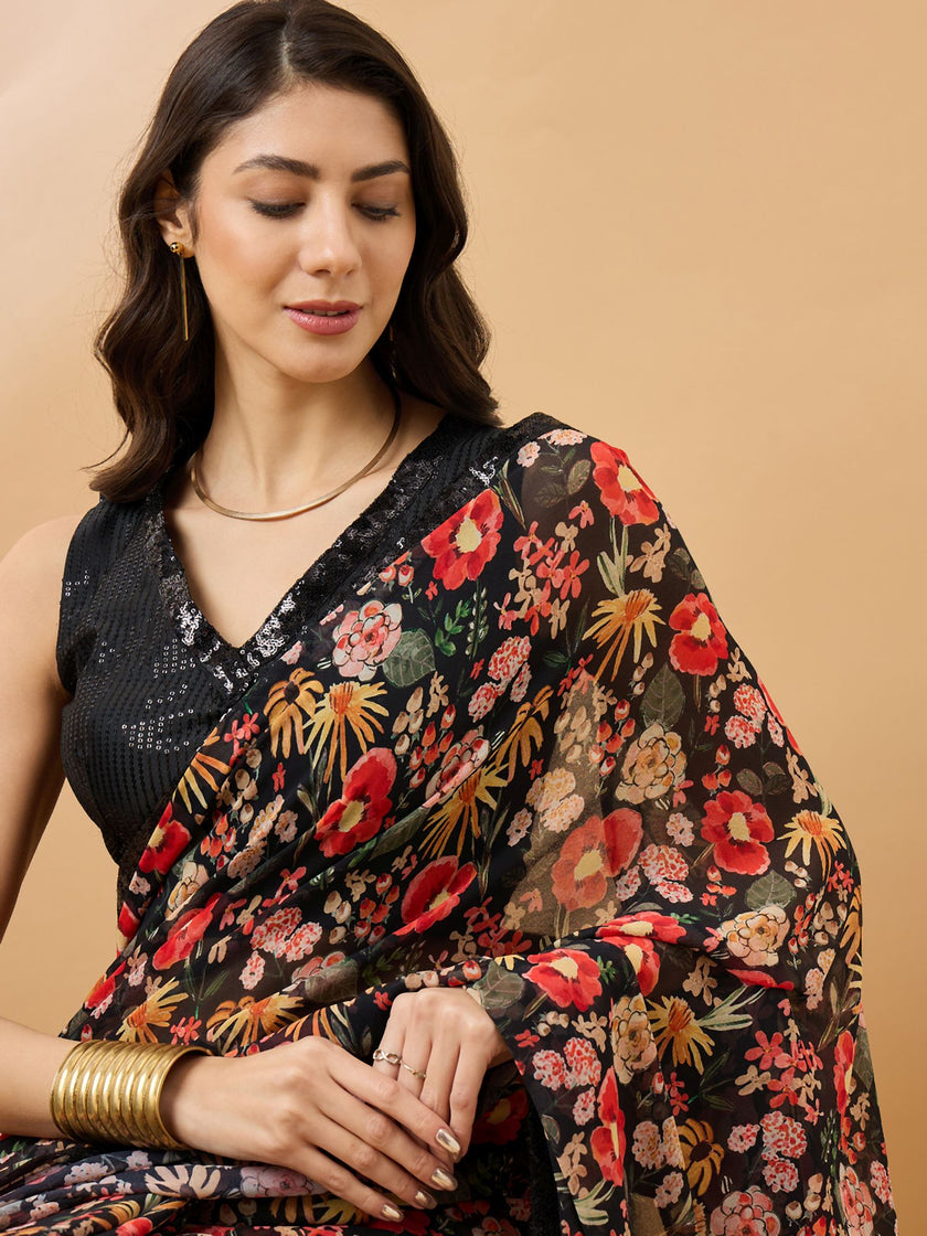 Black Georgette Floral Print with Embellished Lace Saree with Unstitched Fancy Blouse