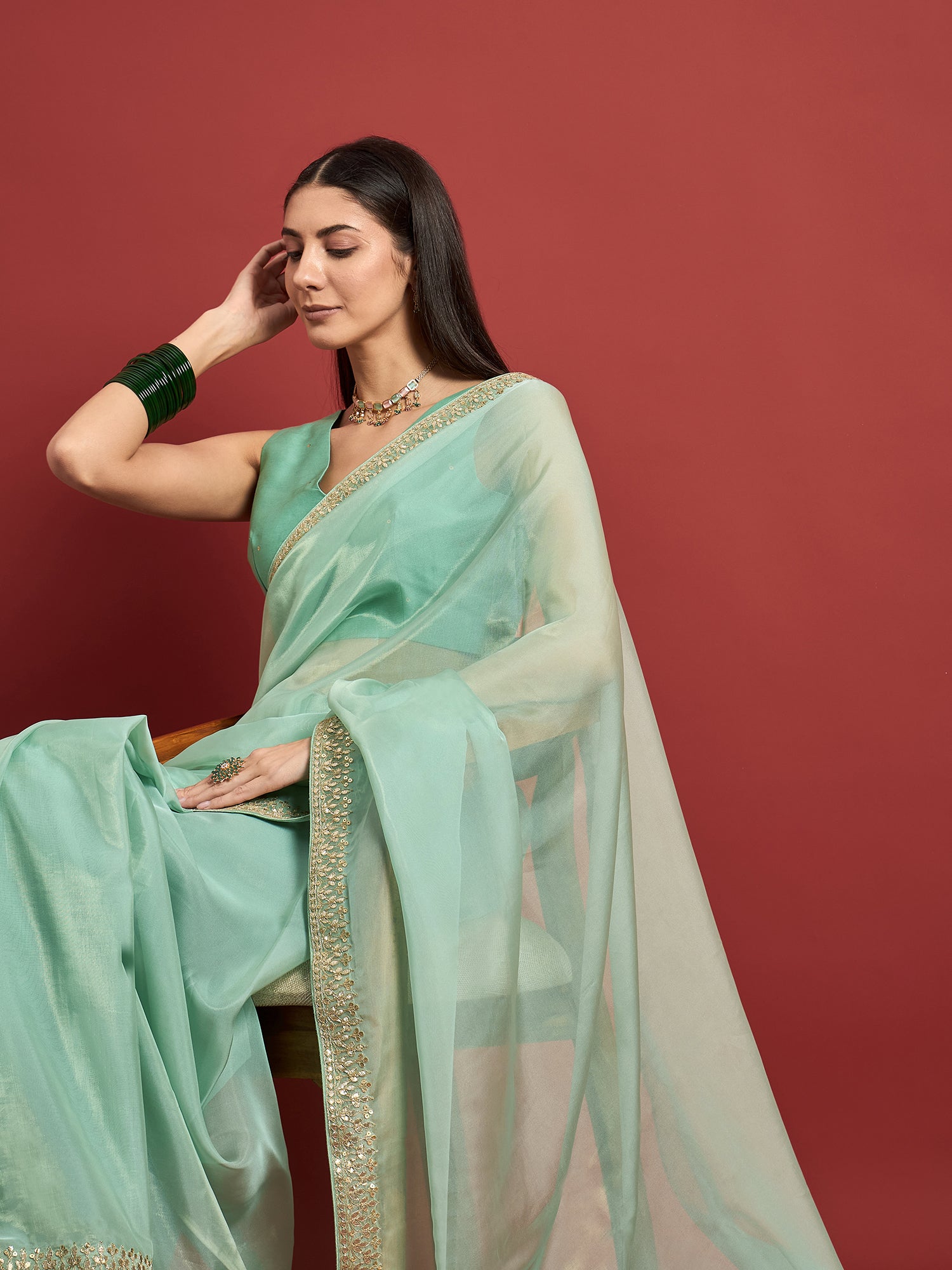 Green Organza Solid With Gotta Patti Border Saree with Unstitched Fancy Blouse