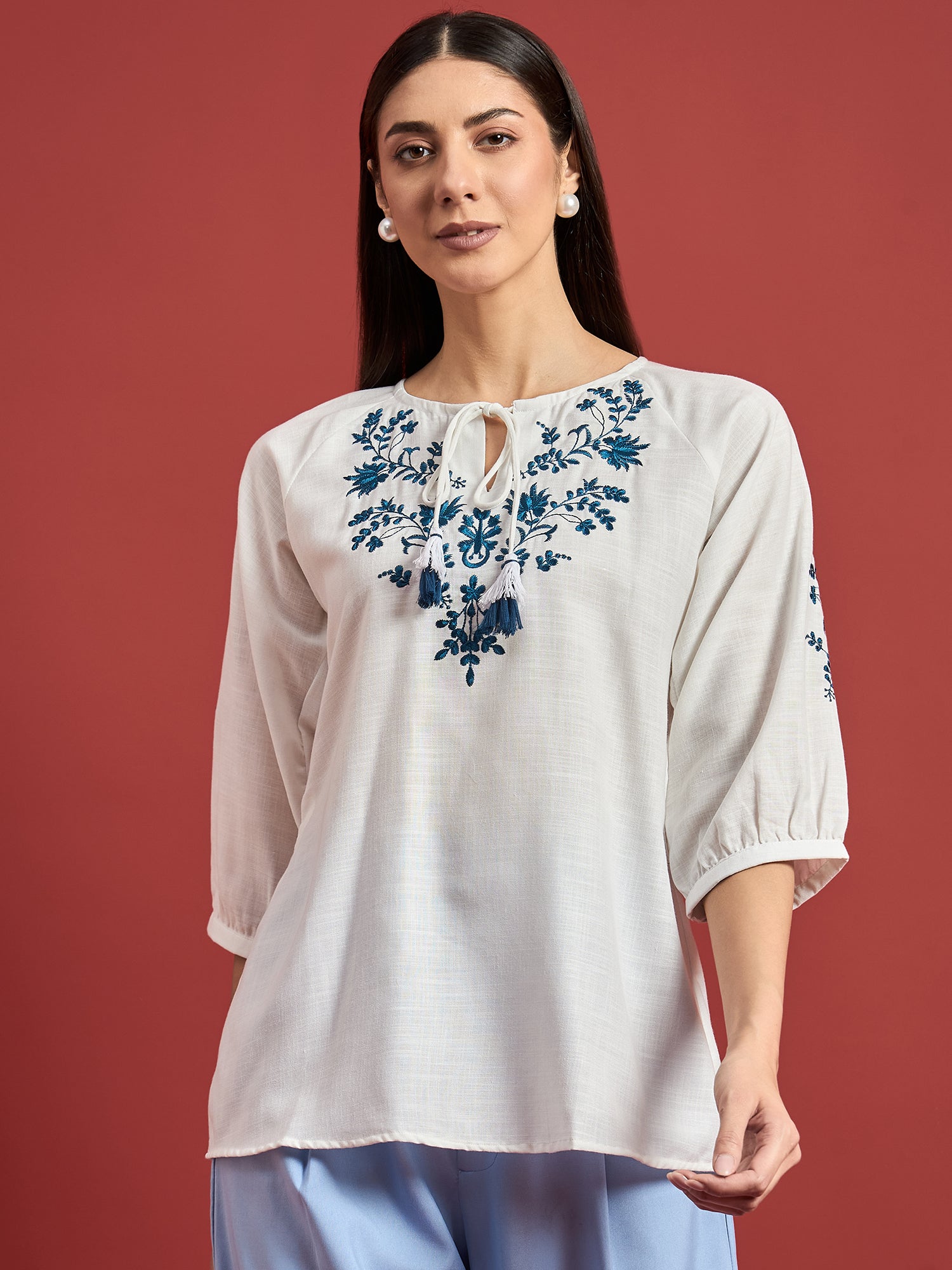 White Cotton Blend Embroidered Tie-Ups Regular Sleeves Ethnic Print Tops