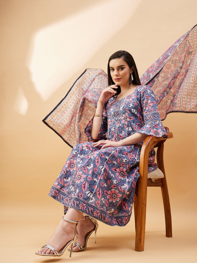 Grey   Pure Cotton  Printed  Anarkali Kurta  Trouser