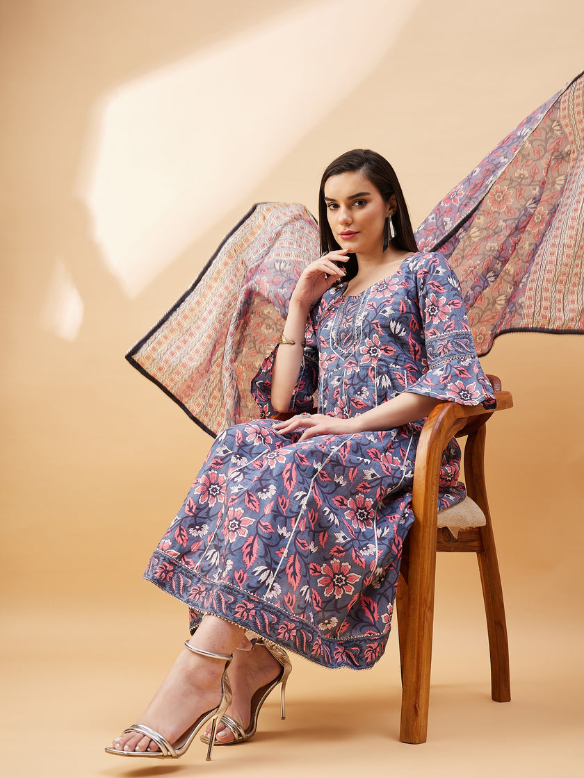 Grey   Pure Cotton  Printed  Anarkali Kurta  Trouser