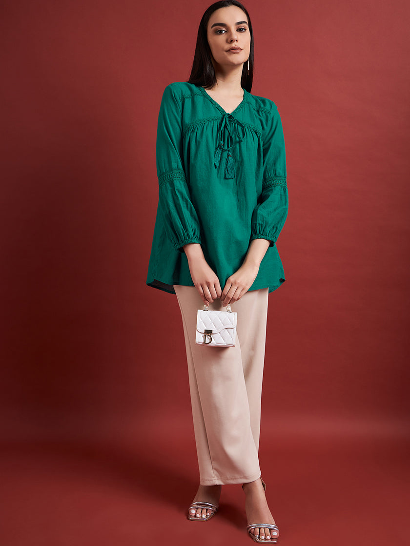 Green Pure Cotton Self Design Tie-Ups Puff Sleeves Ethnic Print Tops