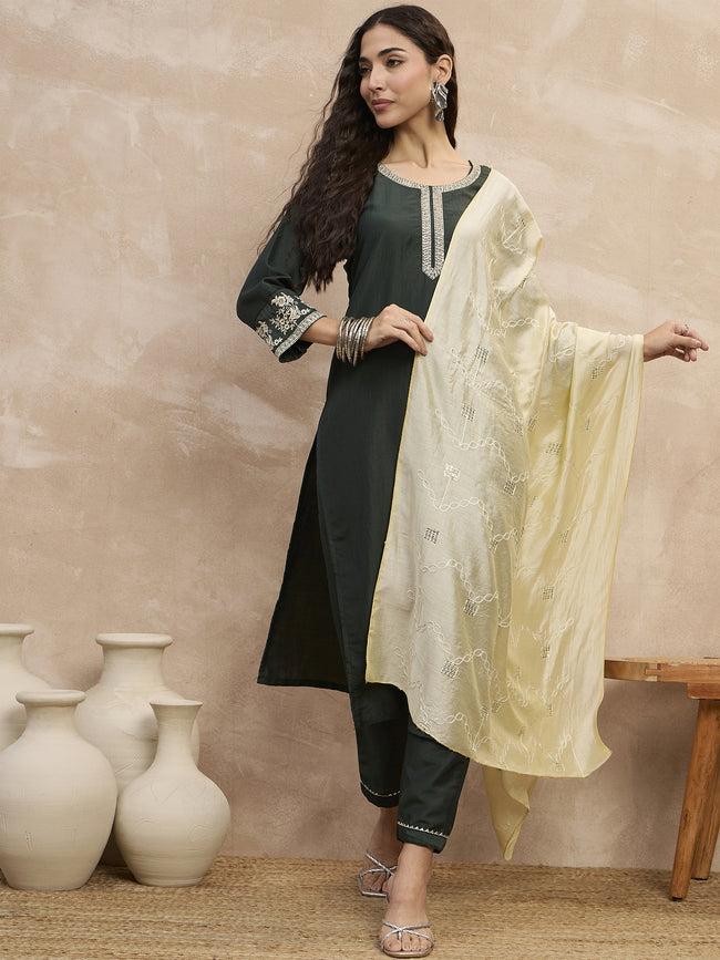 Dark Green  Chinon Embroideried Straight Kurta Trouser