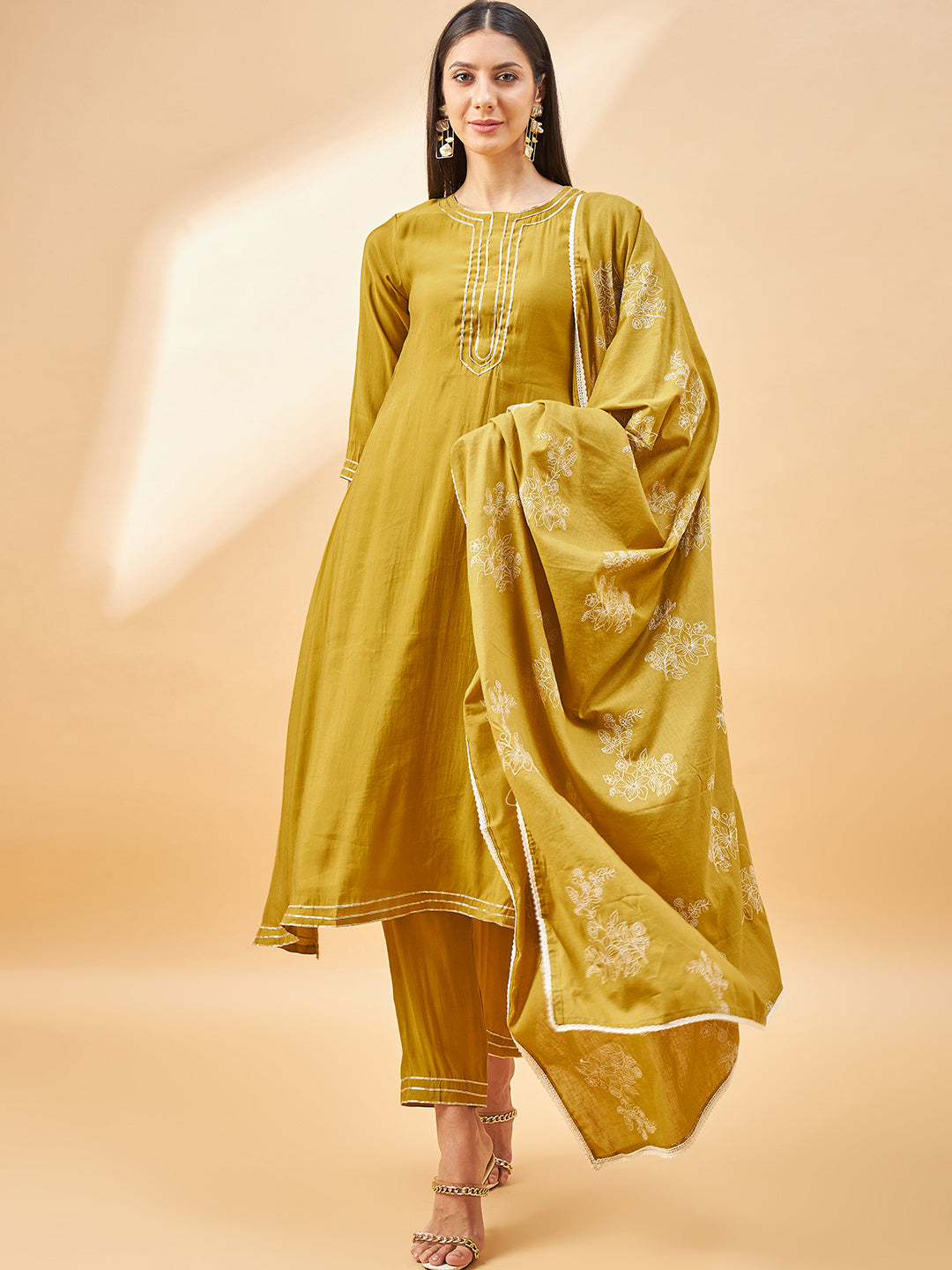 Mustard Pure Cotton Solid A-Line Kurta Trouser  With Dupatta
