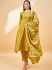 Mustard Pure Cotton Solid A-Line Kurta Trouser  With Dupatta