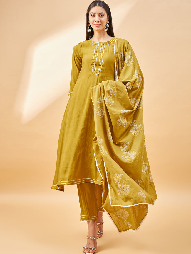 Mustard Pure Cotton Solid A-Line Kurta Trouser  With Dupatta