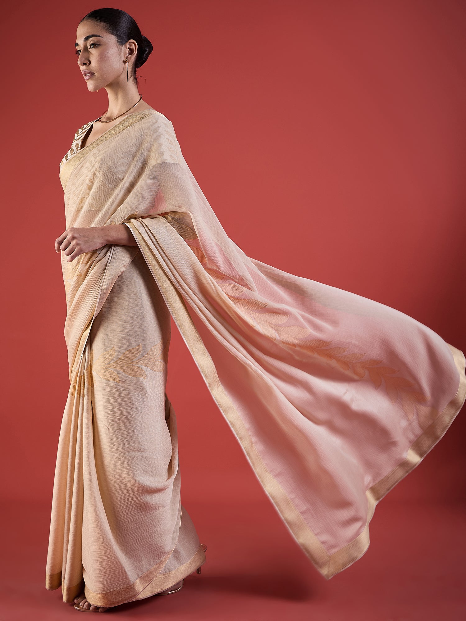 Beige Pure Chiffon Printed with Readyamde Lace Saree with Unstitched Fancy Blouse