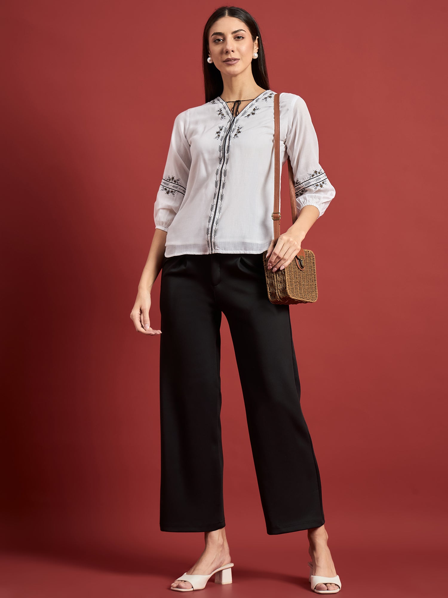 White Polycotton Embroidered Tie-Ups Puff Sleeves Floral Print Tops