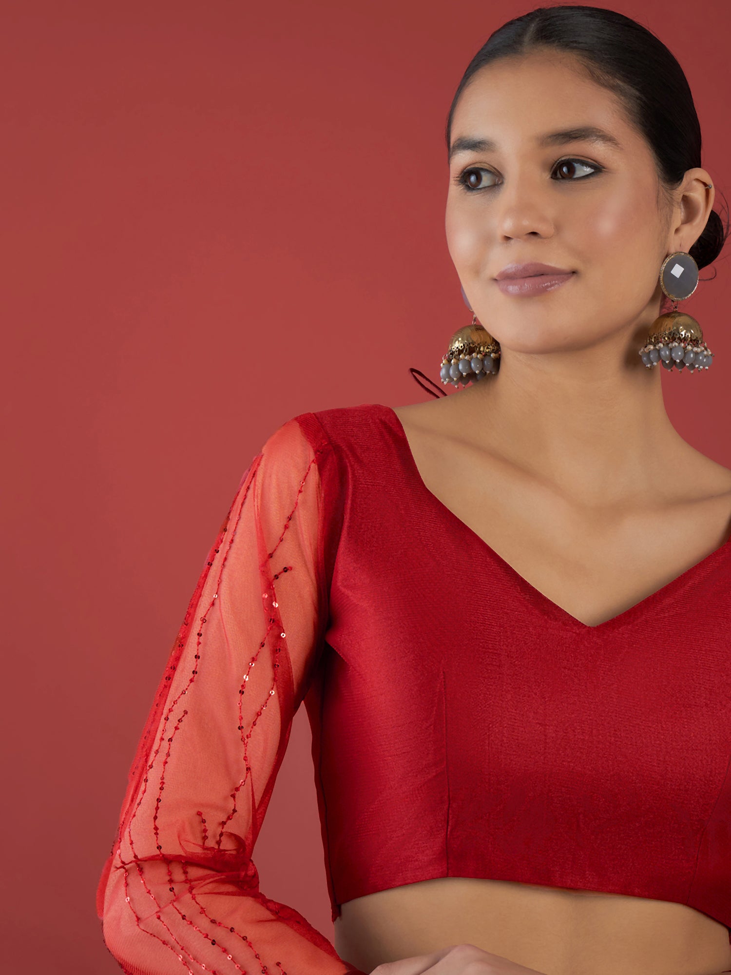 Red Net  Sequinned with Embllished Border Saree with Unstitched Fancy Blouse