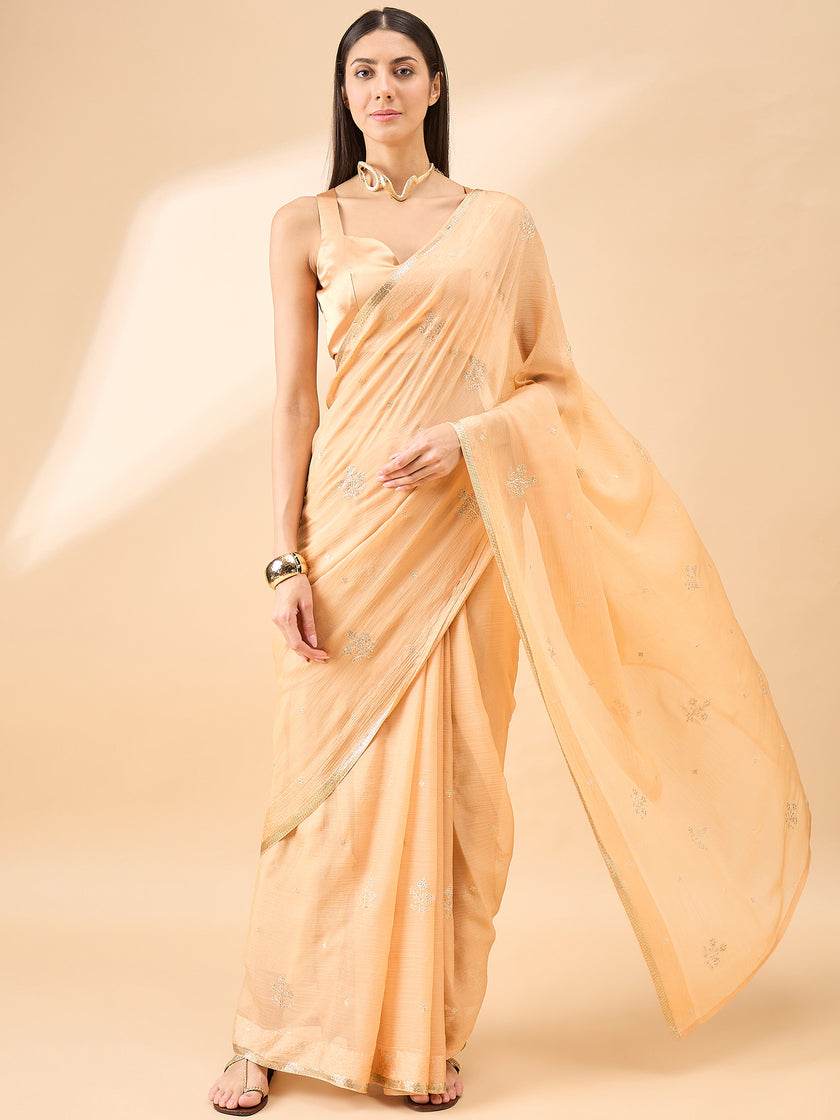 Beige Pure Chiffon Sequence Embroidery With Embellished Border Saree with Unstitched Fancy Blouse