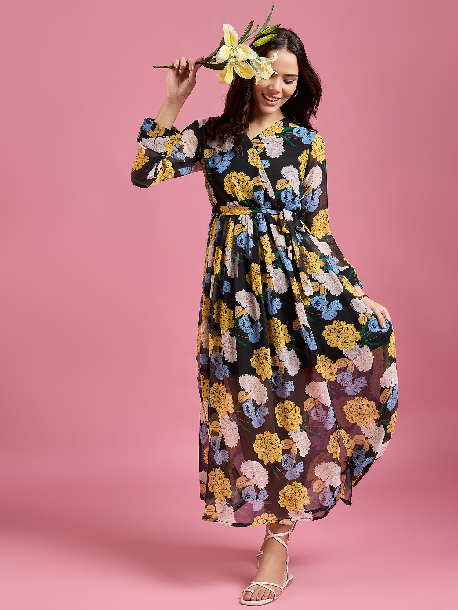 Multi Georgette Printed Regular Sleeves Floral Dress